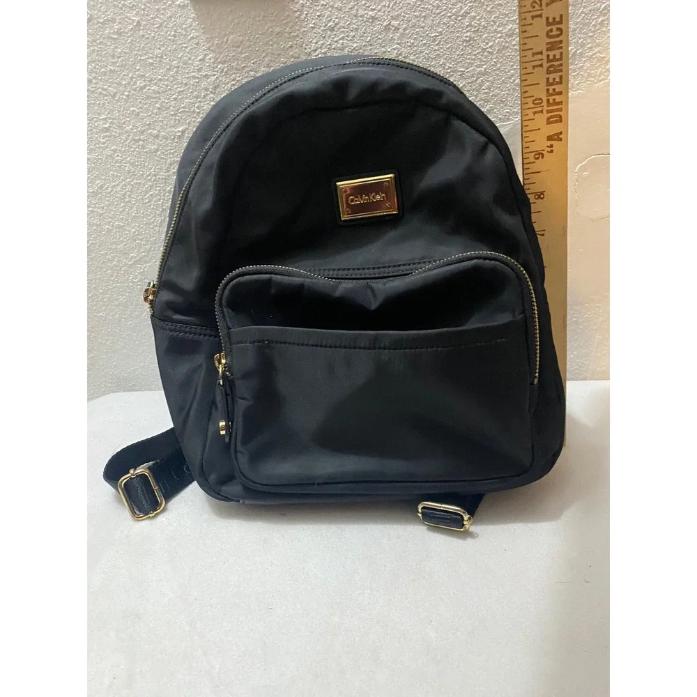 Calvin Klein Mini Backpack Womens Small‎ Black Nylon Gold Logo Straps Excellent